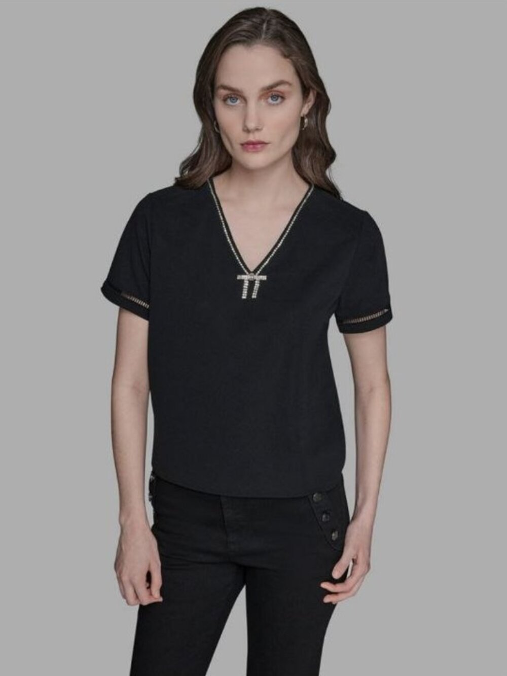 Karl Lagerfeld Women's Sparkle-Bow V-Neck Knit Top Black Size XL
